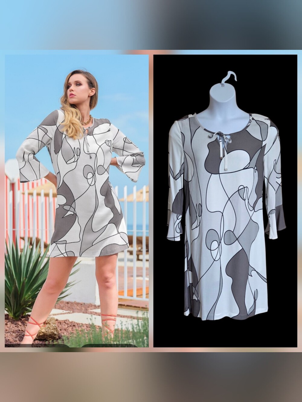 Art Simply by Dolcezza Dress Black White Neutral Balance Bell Sleeve Sz M / L ?